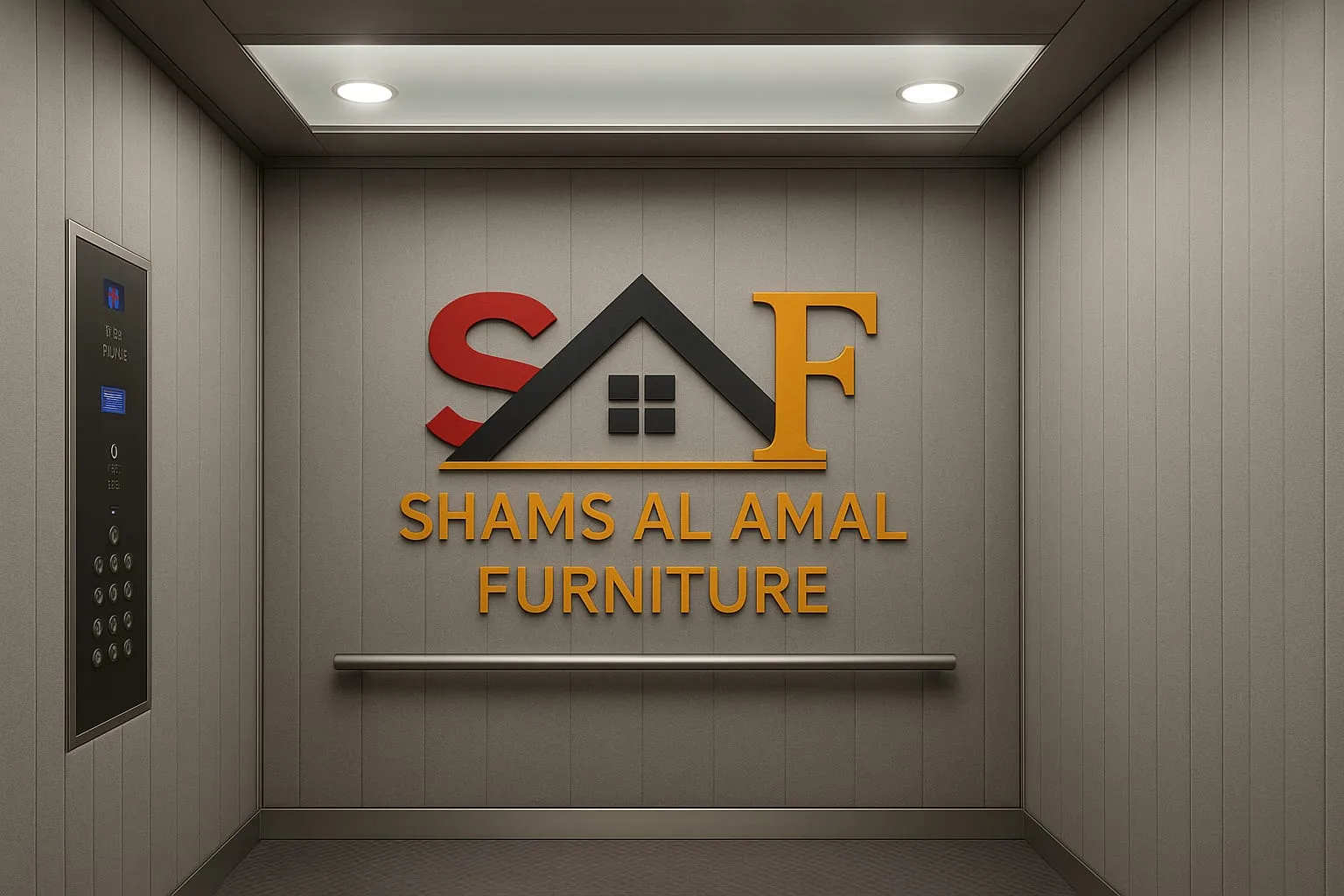Interior view of a service lift featuring the logo of Shams Al Amal Furniture, with grey padded walls and bright ceiling lights.