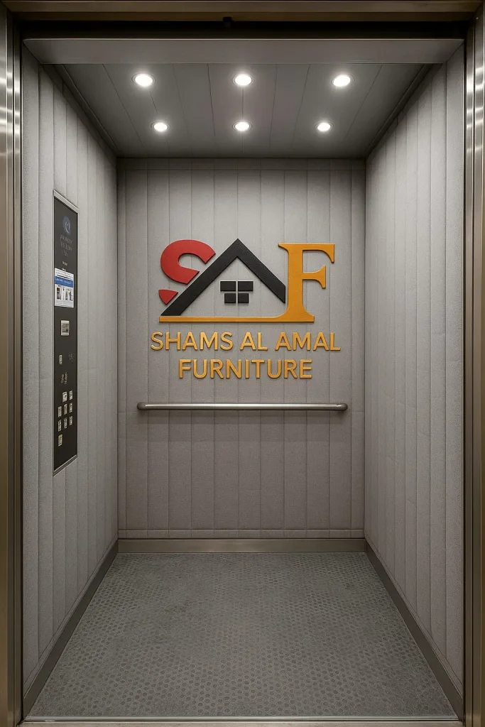 Interior view of a service lift featuring the logo of Shams Al Amal Furniture, with grey padded walls and bright ceiling lights.