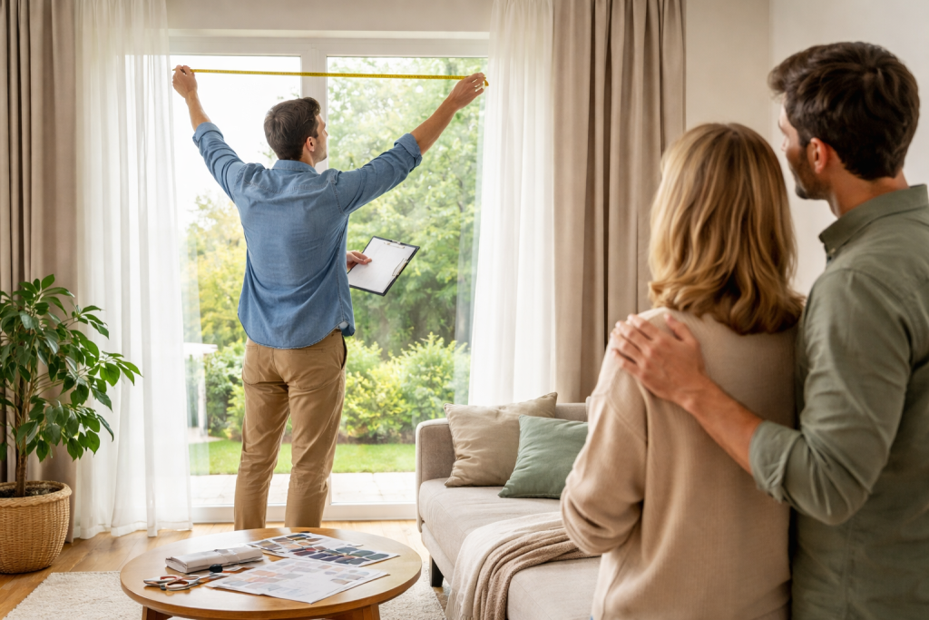 A professional curtain designer measuring a large living room window with a tape measure while holding a clipboard, during an in-home consultation. A couple stands nearby watching attentively from a sofa as the designer takes precise window measurements for custom curtains. Natural daylight fills the modern, neutral-toned room, with fabric swatches and home decor visible on a coffee table.